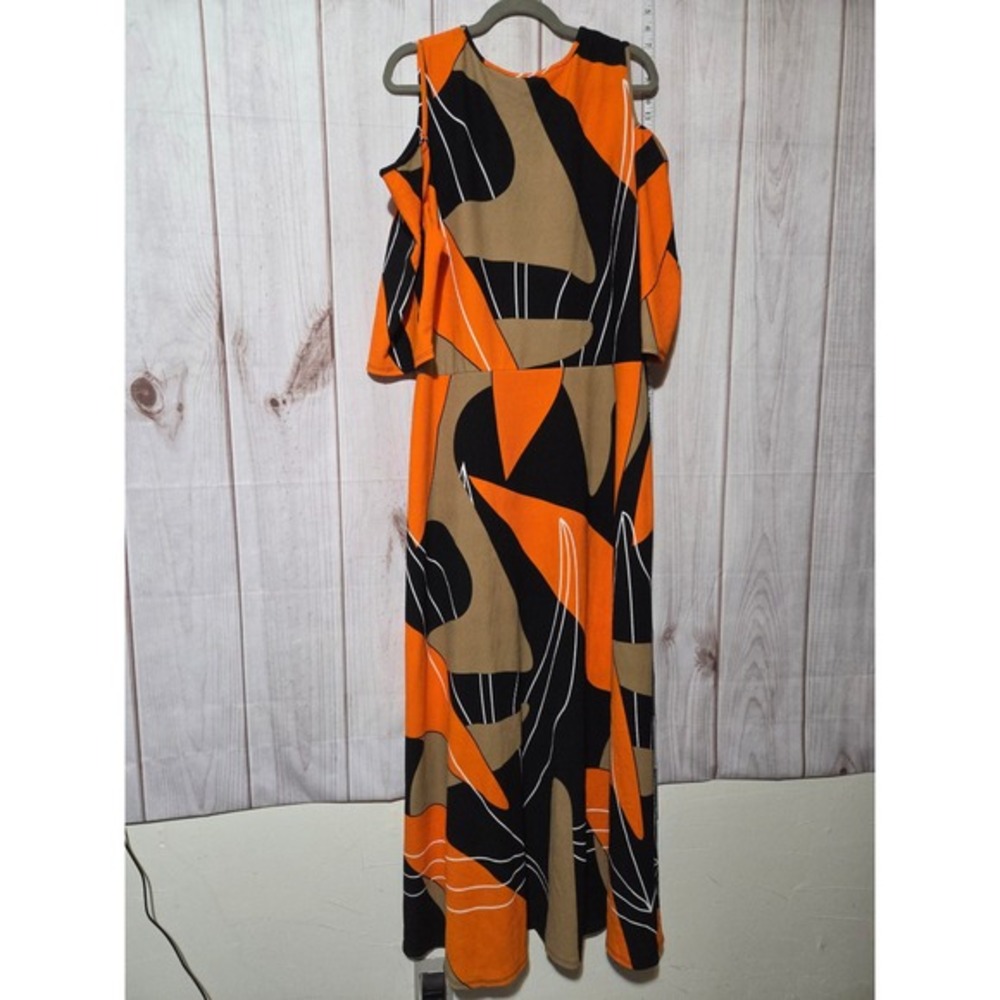 Ashley Stewart Orange Black Abstract Leaf Print Cold Shoulder‎ Maxi Dress 18/20 - Picture 3 of 7
